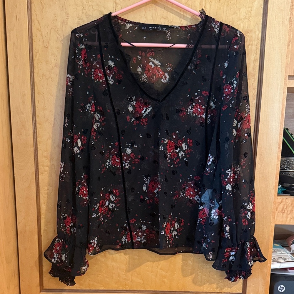 Zara Red Pink Graphic Ruffled Long Sleeve Blouse